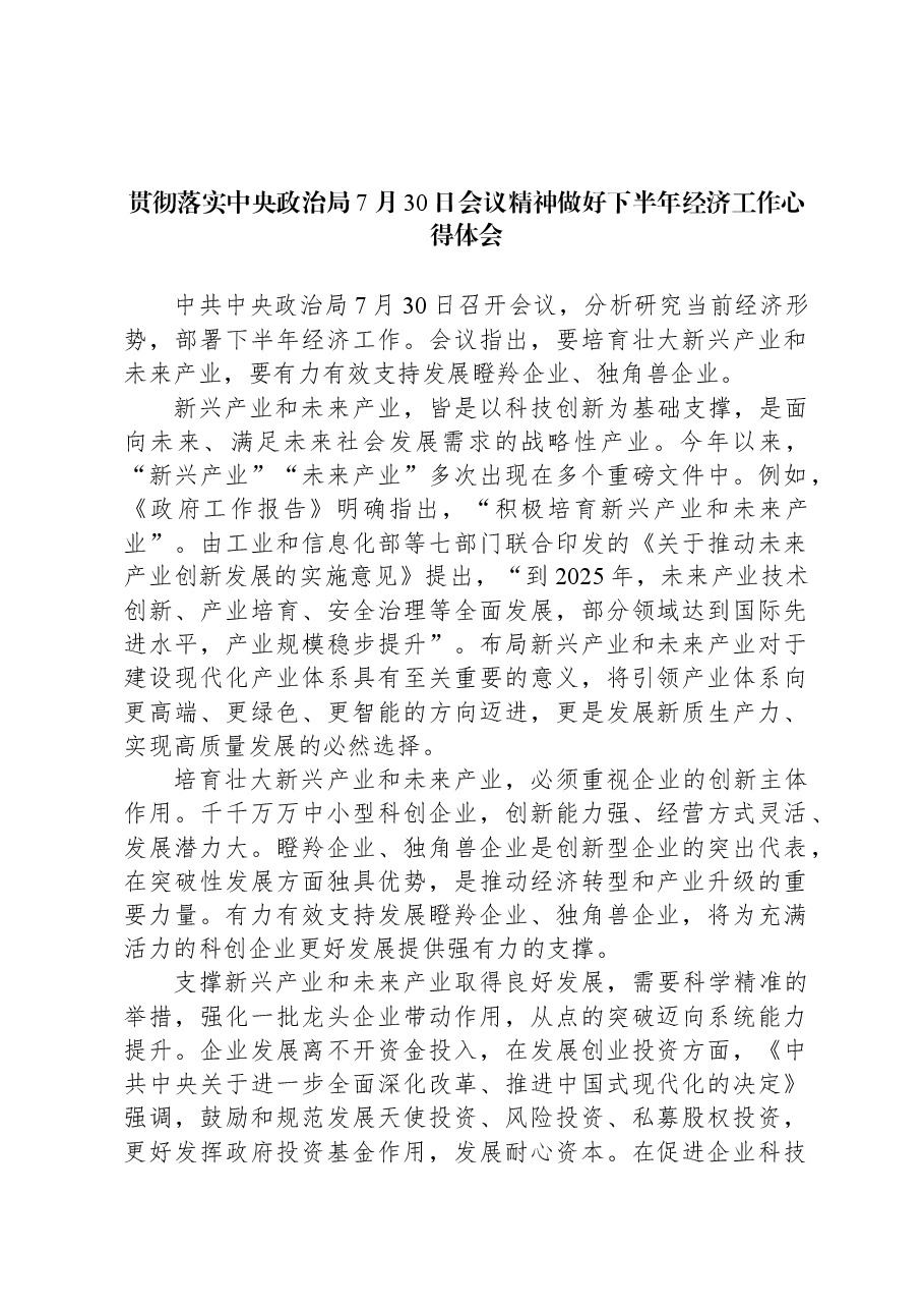 贯彻落实中央政治局7月30日会议精神做好下半年经济工作心得体会.docx,第1页预览
