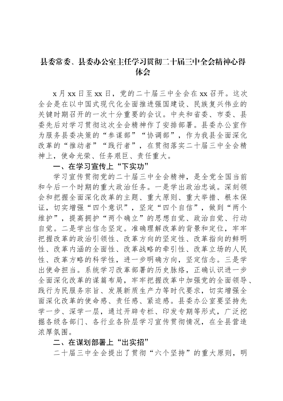 县委常委、县委办公室主任学习贯彻二十届三中全会精神心得体会.docx,第1页预览