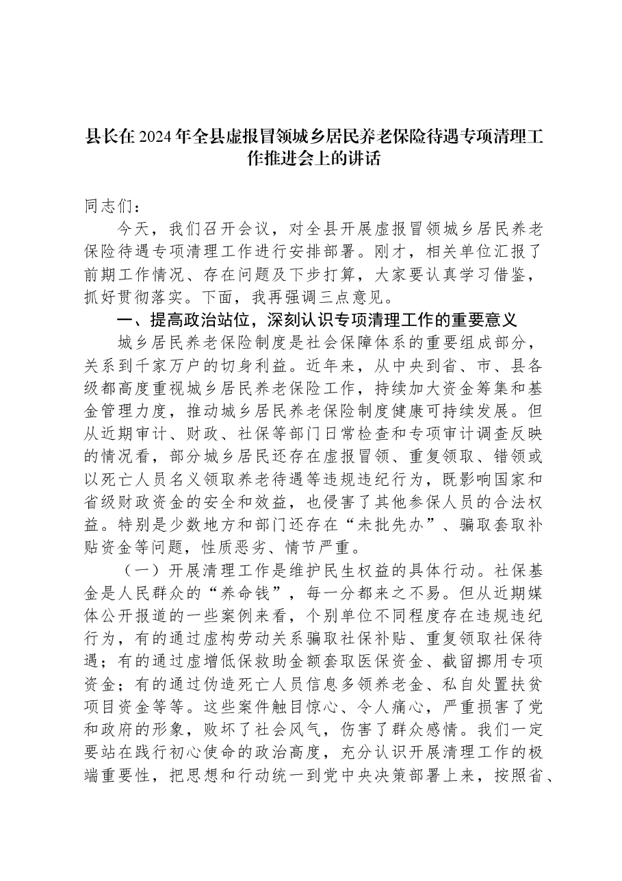 县长在2024年全县虚报冒领城乡居民养老保险待遇专项清理工作推进会上的讲话.docx,第1页预览