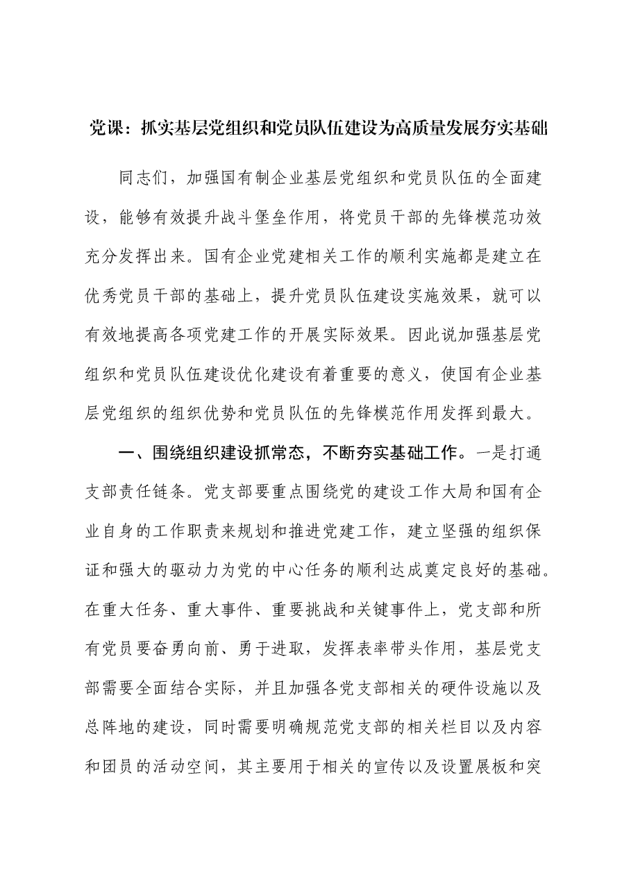 党课:抓实基层党组织和党员队伍建设 为高质量发展夯实基础(国企公司).docx,第1页预览