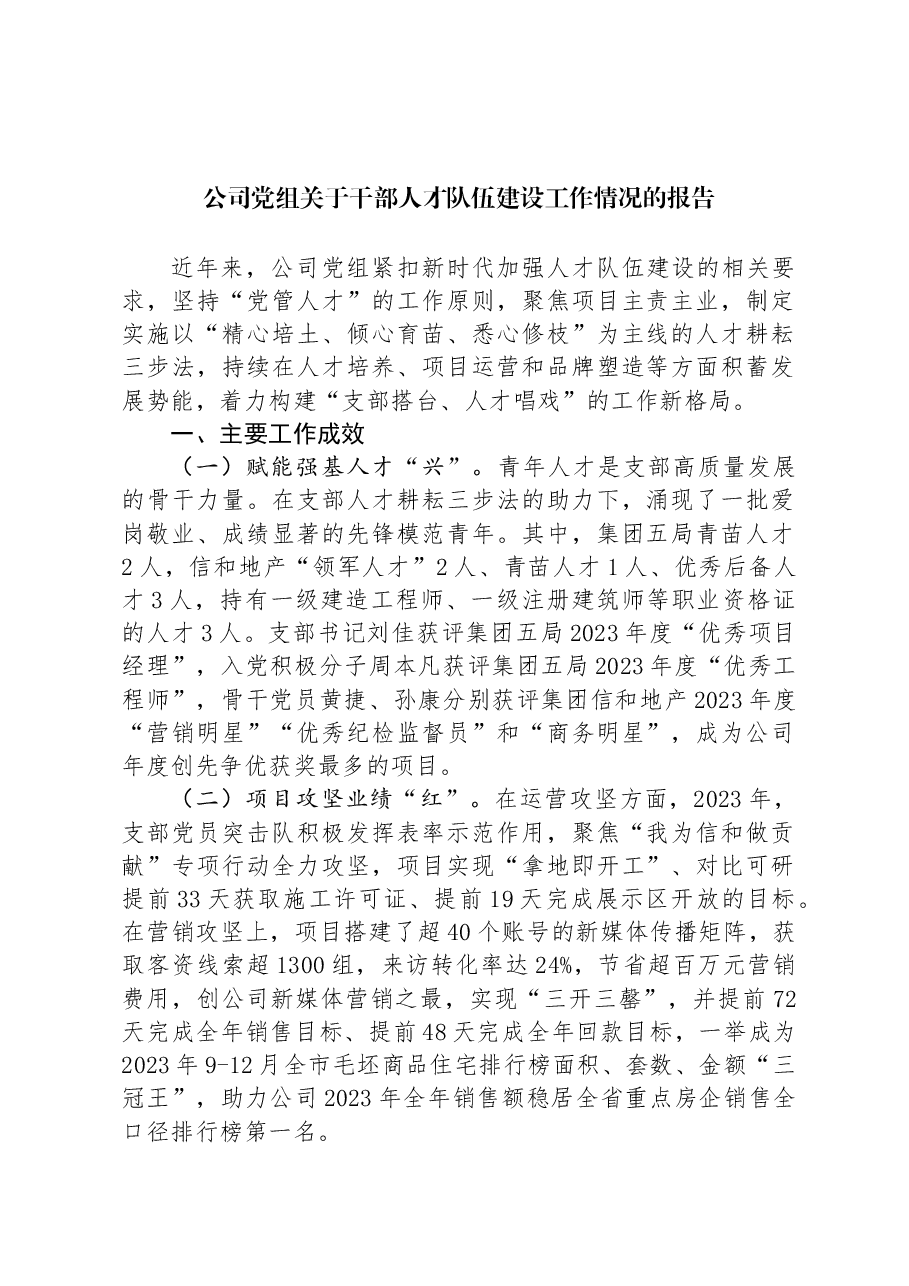 公司党组关于干部人才队伍建设工作情况的报告.docx,第1页预览
