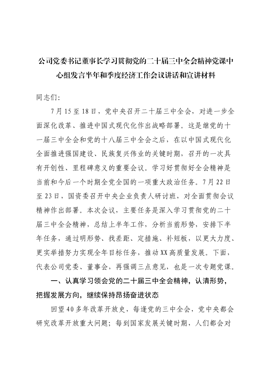 公司党委书记董事长学习贯彻党的二十届三中全会精神党课中心组发言半年和季度经济工作会议讲话和宣讲材料.docx,第1页预览