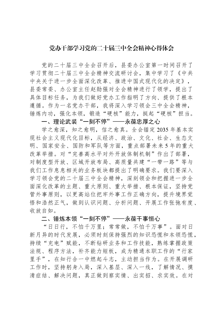 党办干部学习党的二十届三中全会精神心得体会.docx,第1页预览