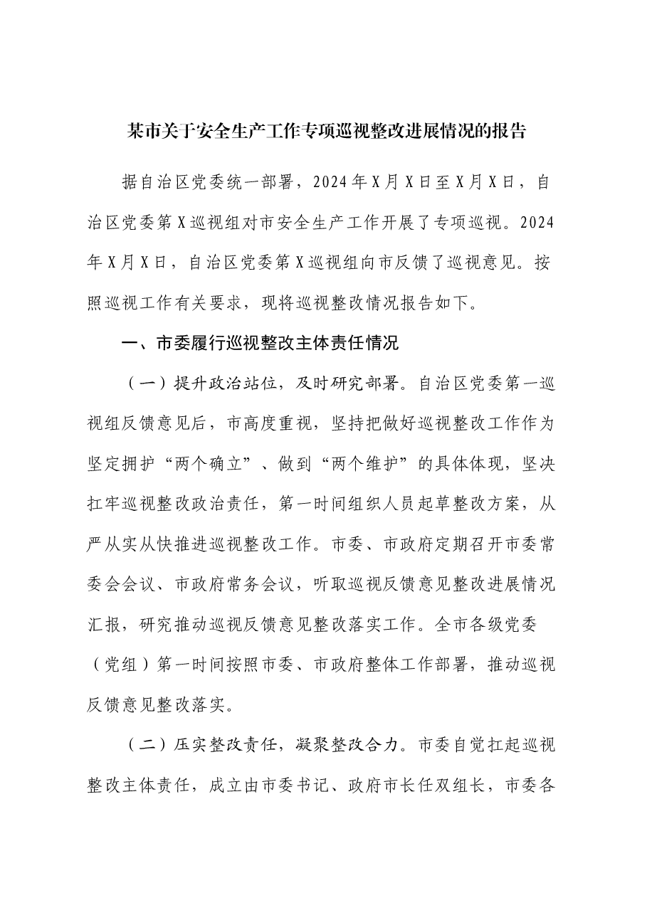 某市关于安全生产工作专项巡视整改进展情况的报告.docx,第1页预览