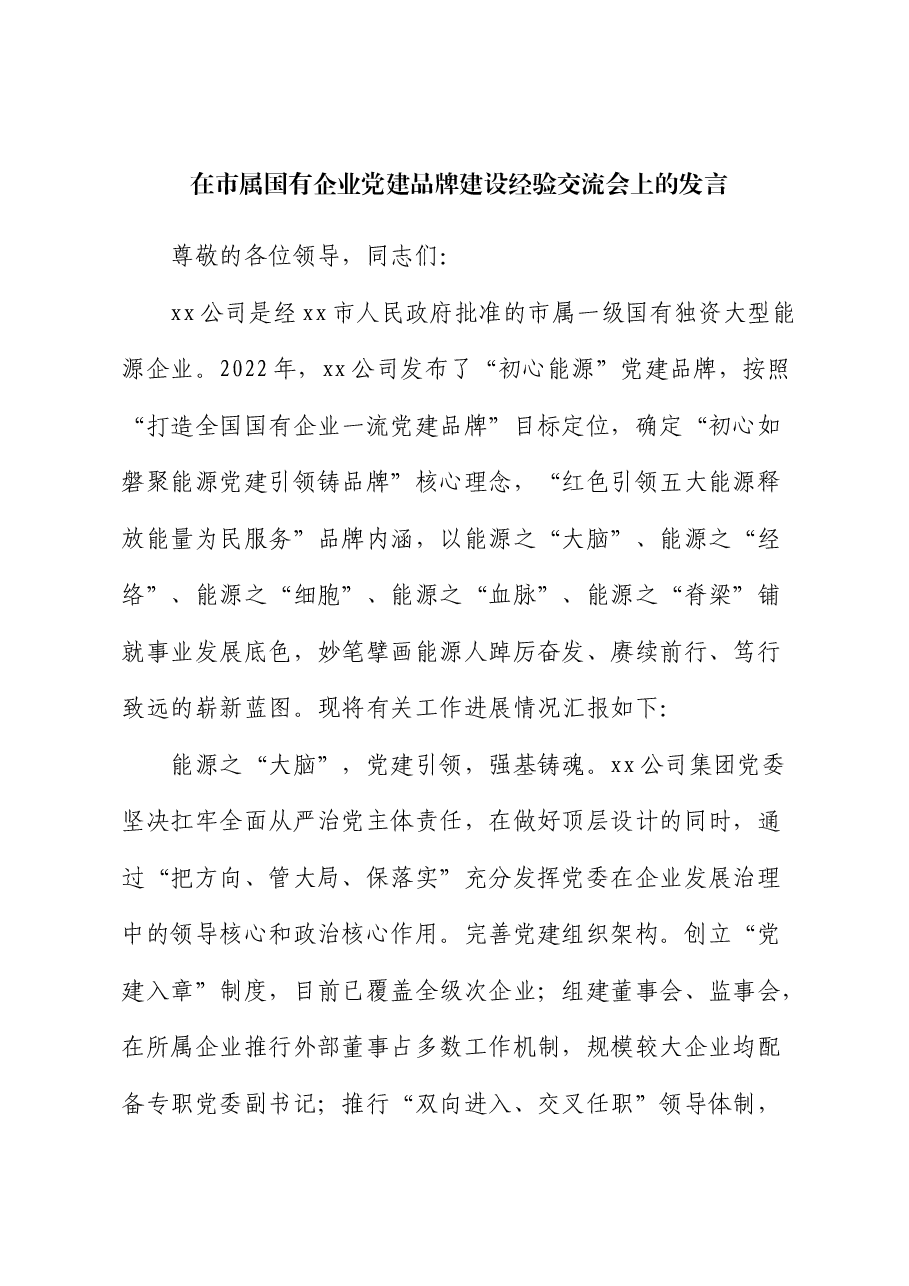 在市属国企党建品牌建设经验交流会上的发言(公司).docx,第1页预览