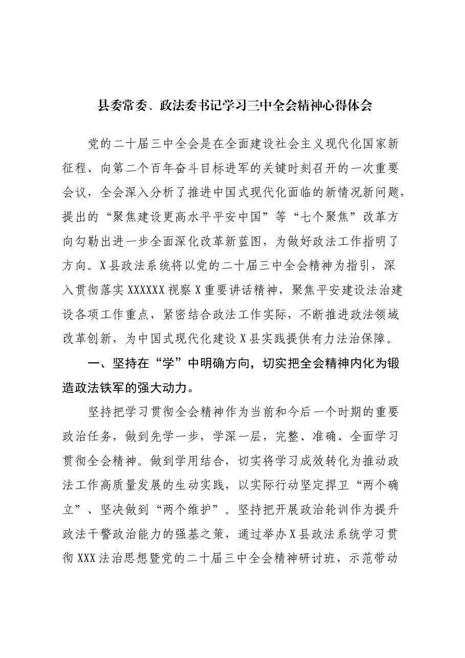 县委常委、政法委书记学习三中全会精神心得体会.docx,第1页预览