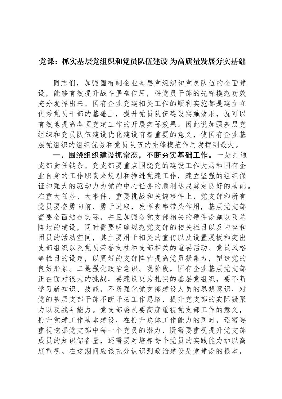 党课:抓实基层党组织和党员队伍建设+为高质量发展夯实基础.docx,第1页预览