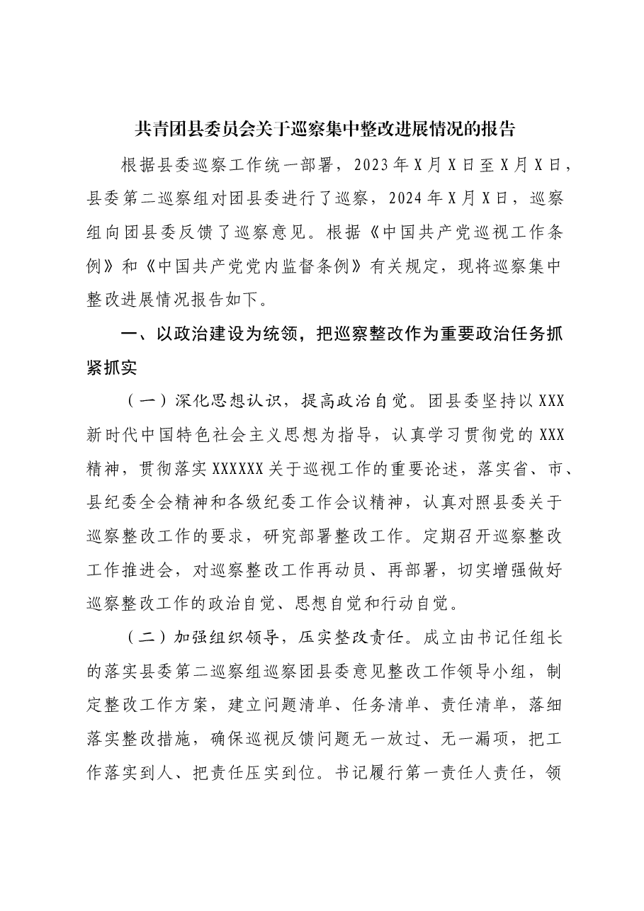 共青团县委员会关于巡察集中整改进展情况的报告.docx,第1页预览