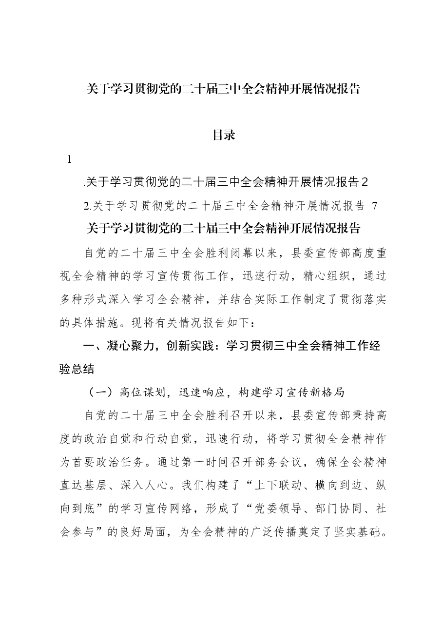 关于学习贯彻党的二十届三中全会精神开展情况报告.docx,第1页预览