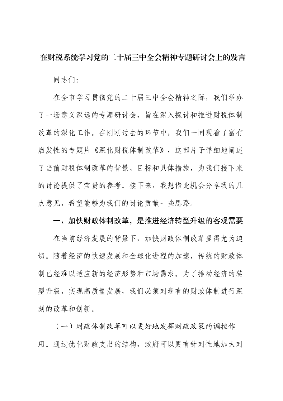 在财税系统学习党的二十届三中全会精神专题研讨会上的发言.docx,第1页预览