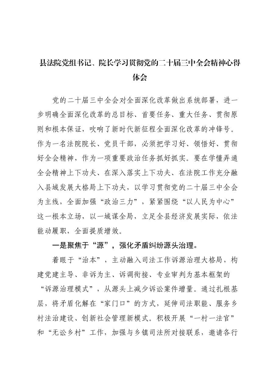 县法院党组书记、院长学习贯彻党的二十届三中全会精神心得体会.docx，第1页预览