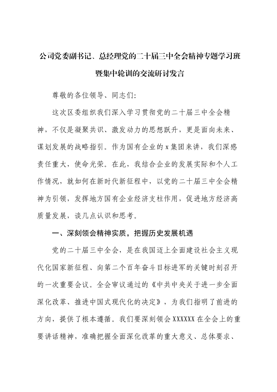 公司党委副书记、总经理党的二十届三中全会精神专题学习班暨集中轮训的交流研讨发言.docx,第1页预览