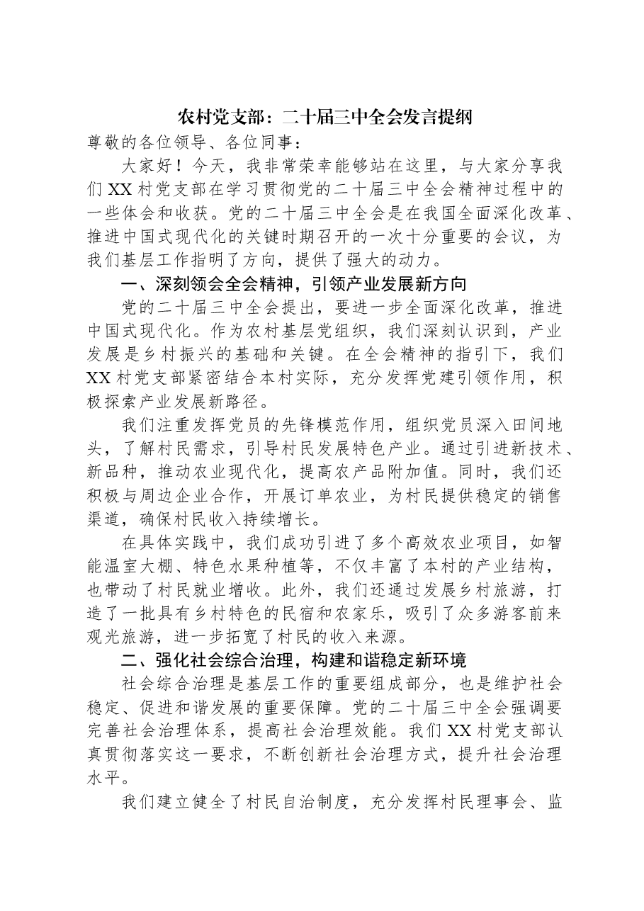 农村党支部:二十届三中全会发言提纲.docx,第1页预览