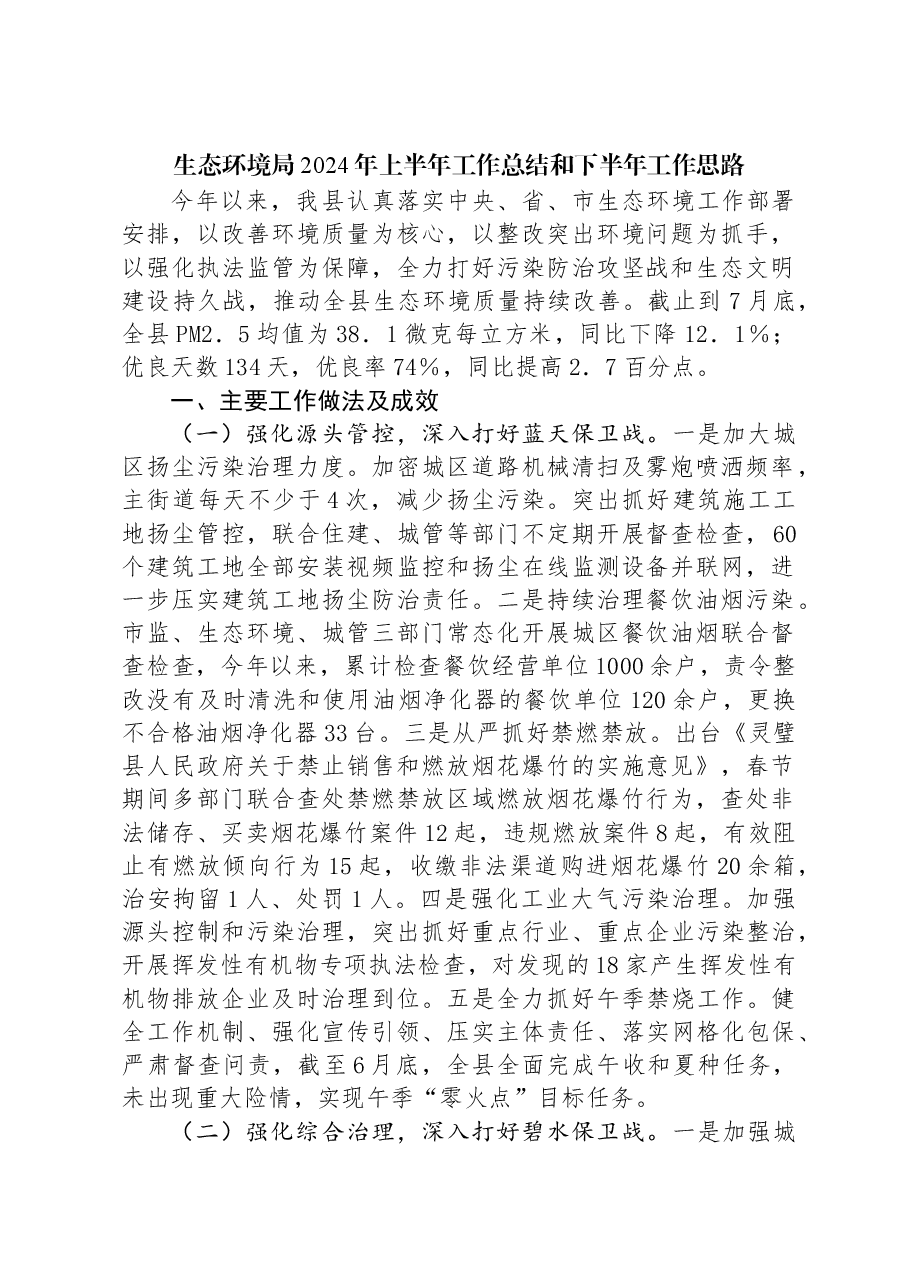 生态环境局2024年上半年工作总结和下半年工作思路.docx,第1页预览