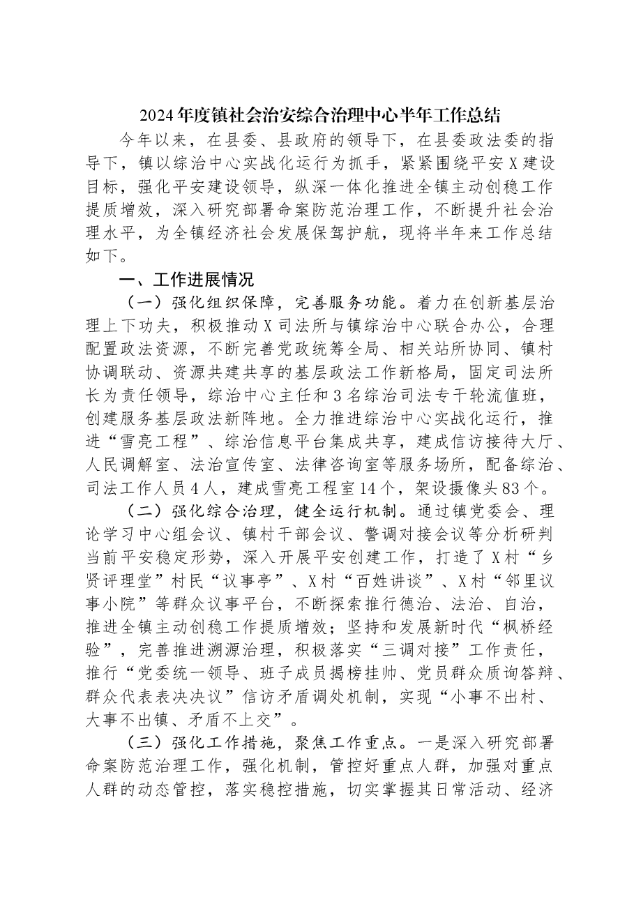 2024年度镇社会治安综合治理中心半年工作总结.docx,第1页预览