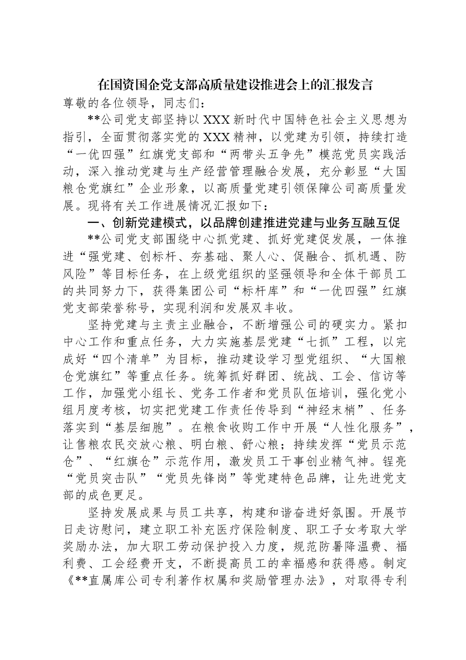 在国资国企党支部高质量建设推进会上的汇报发言.docx,第1页预览