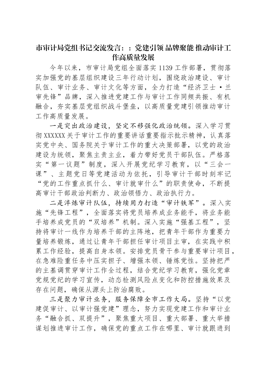 市审计局党组书记交流发言::党建引领+品牌聚能+推动审计工作高质量发展.docx,第1页预览