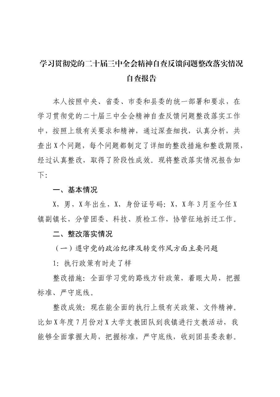 学习贯彻党的二十届三中全会精神自查反馈问题整改落实情况.docx，第1页预览