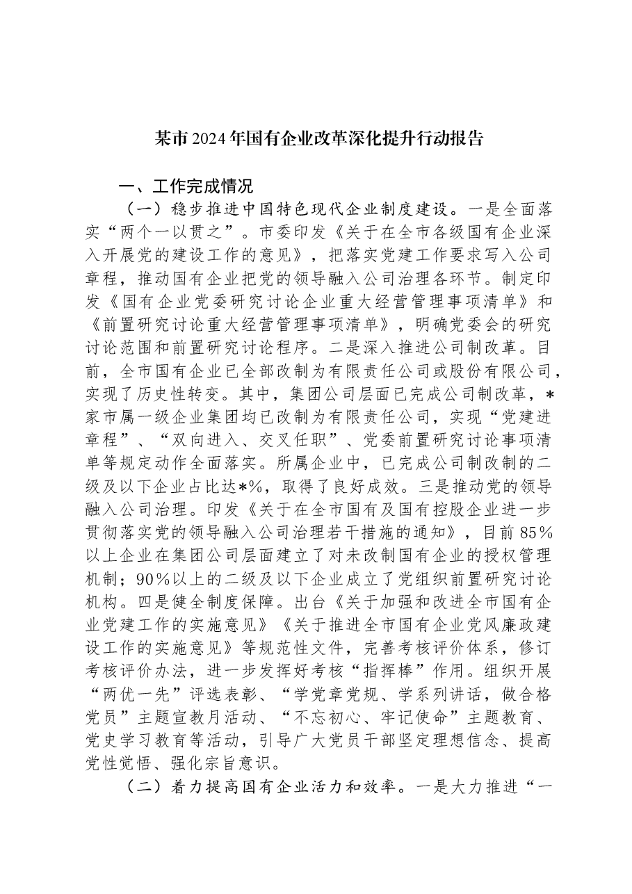 某市2024年国有企业改革深化提升行动报告.docx,第1页预览