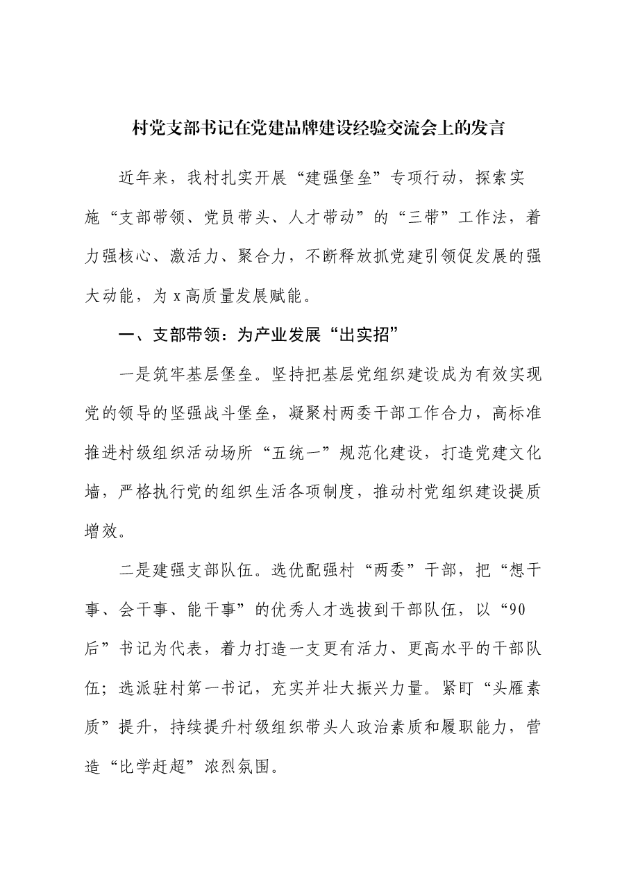 村党支部书记在党建品牌建设经验交流会上的发言.docx,第1页预览