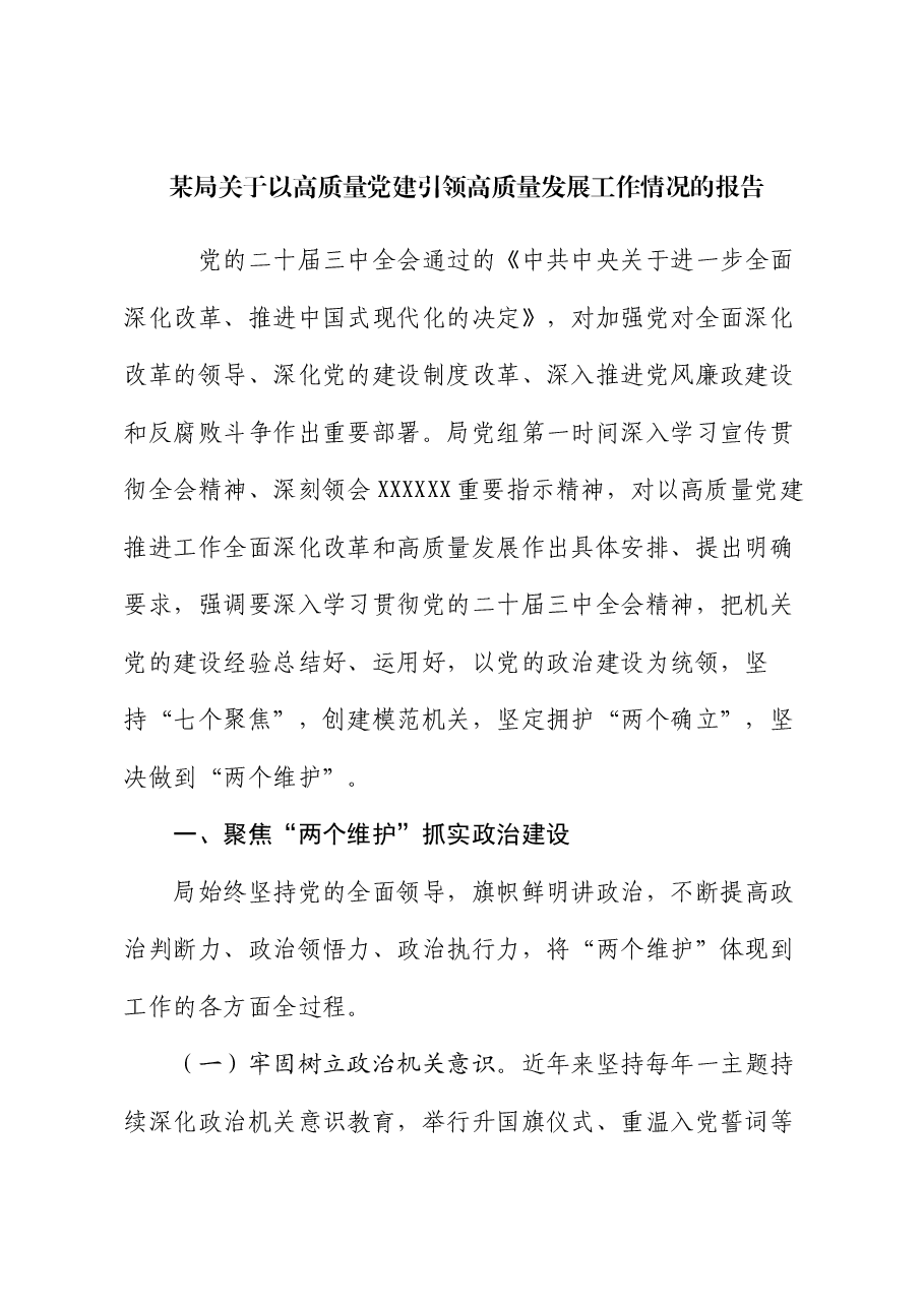 某局关于以高质量党建引领高质量发展工作情况的报告.docx,第1页预览