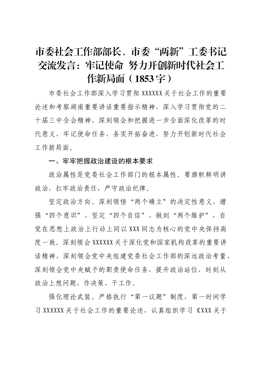 市委社会工作部部长、市委“两新”工委书记交流发言:牢记使命 努力开创新时代社会工作新局面.docx,第1页预览