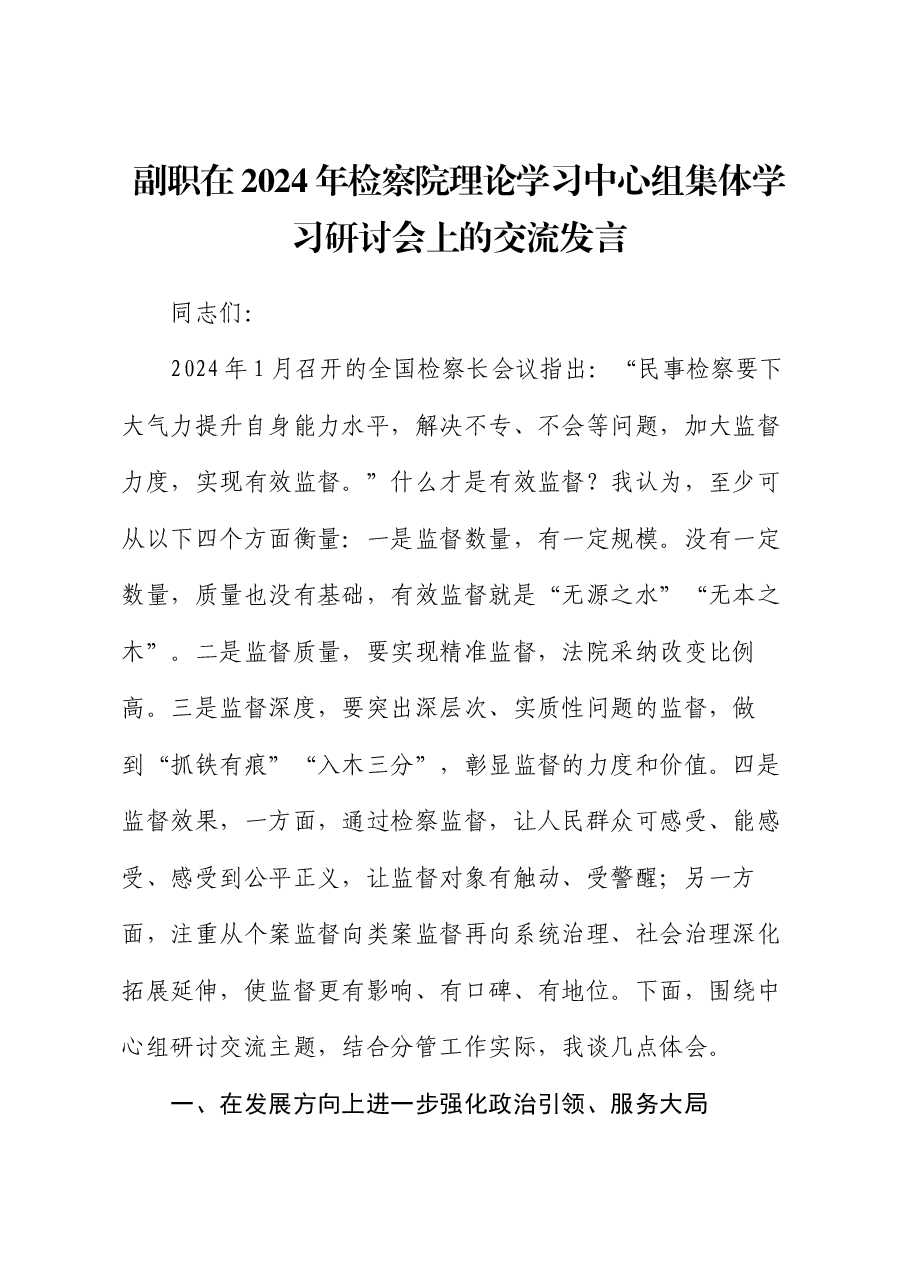 副职在2024年检察院理论学习中心组集体学习研讨会上的交流发言.docx,第1页预览
