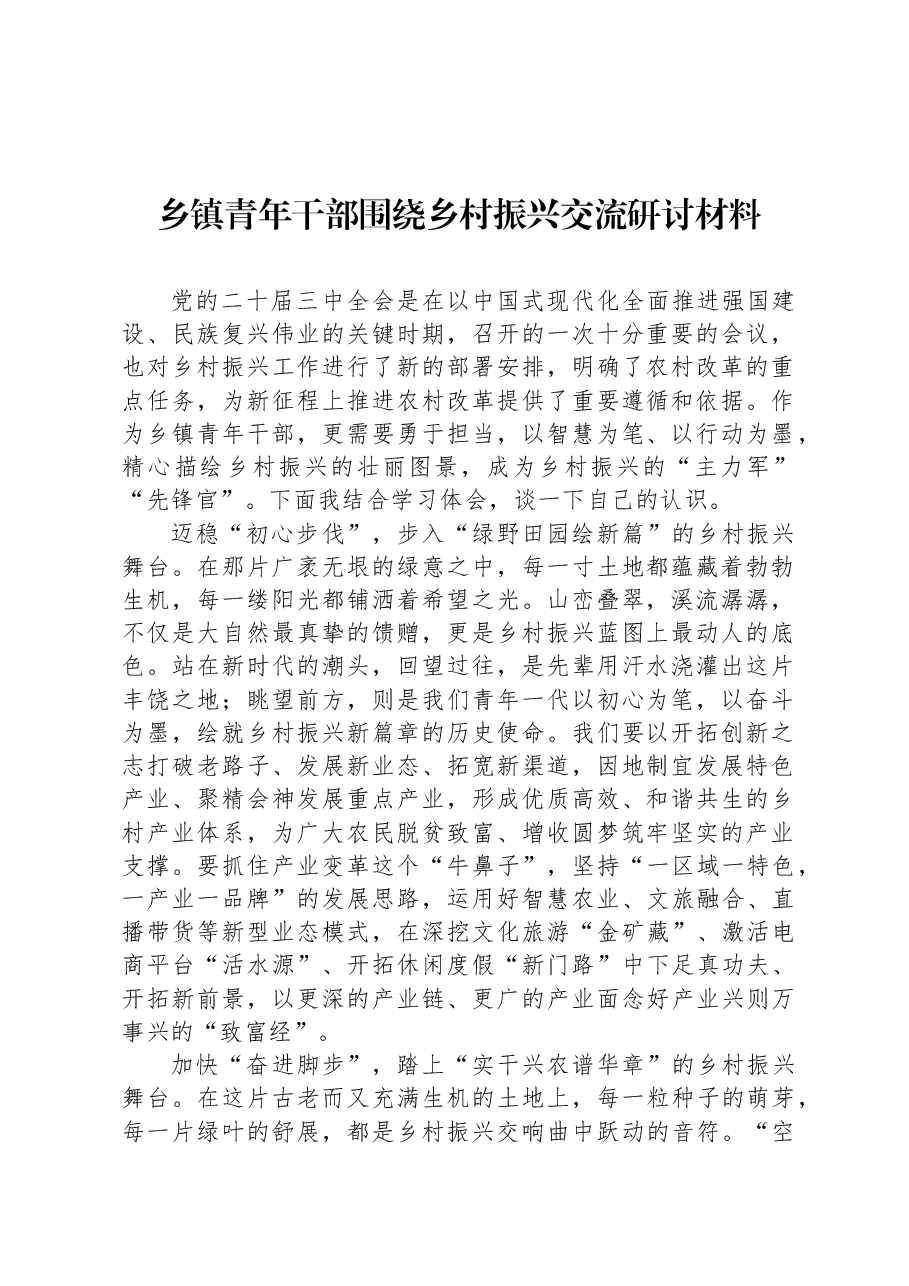 乡镇青年干部围绕乡村振兴交流研讨材料.docx,第1页预览