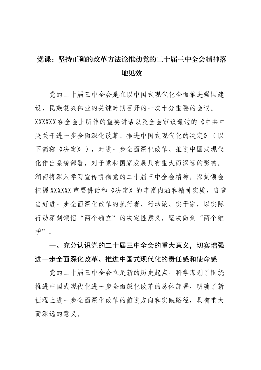 党课:坚持正确的改革方法论推动党的二十届三中全会精神落地见效.docx,第1页预览