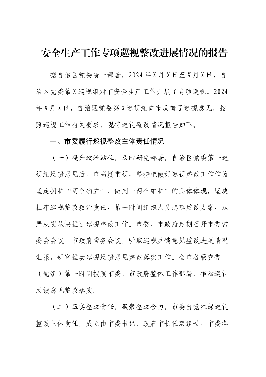 安全生产工作专项巡视整改进展情况的报告.docx,第1页预览