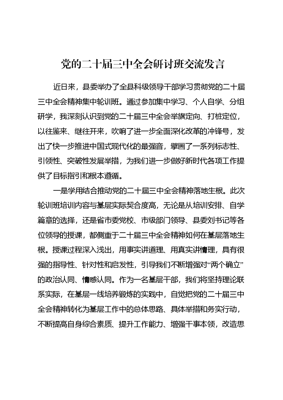 党的二十届三中全会研讨班交流发言.docx,第1页预览