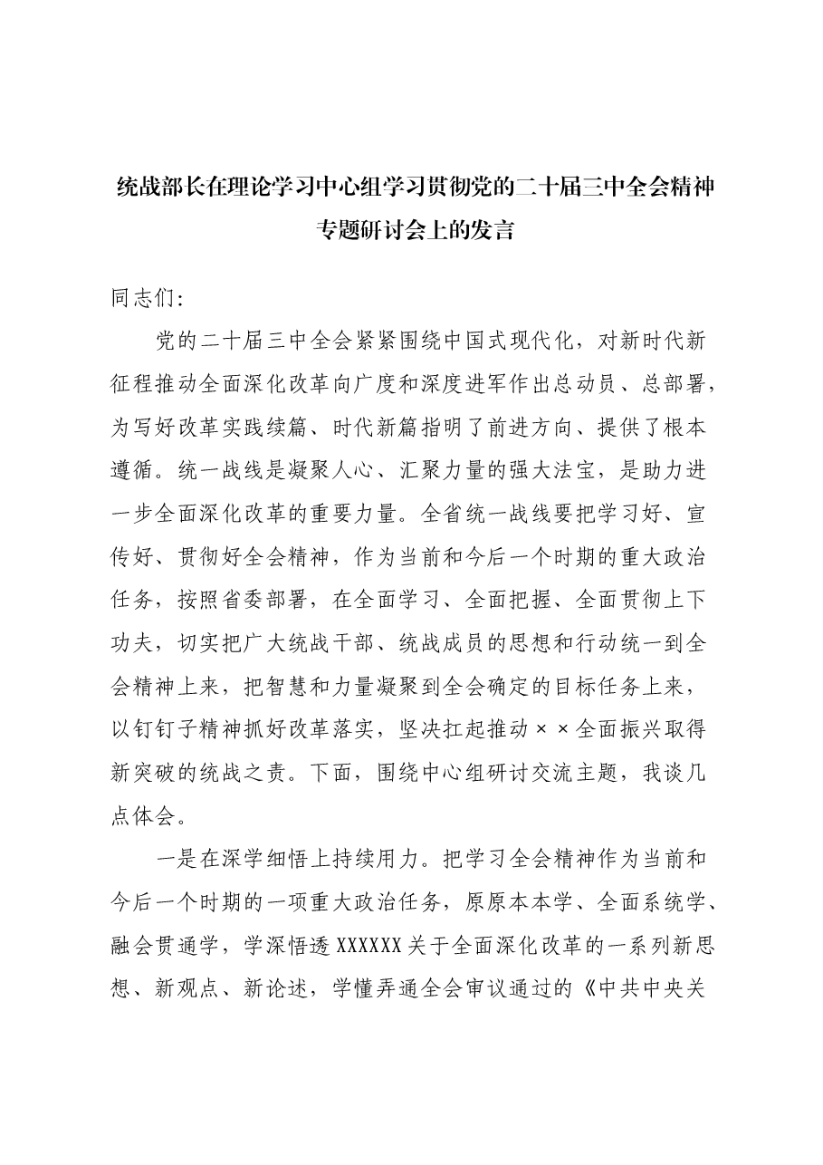 统战部长在理论学习中心组学习贯彻党的二十届三中全会精神专题研讨会上的发言.docx,第1页预览