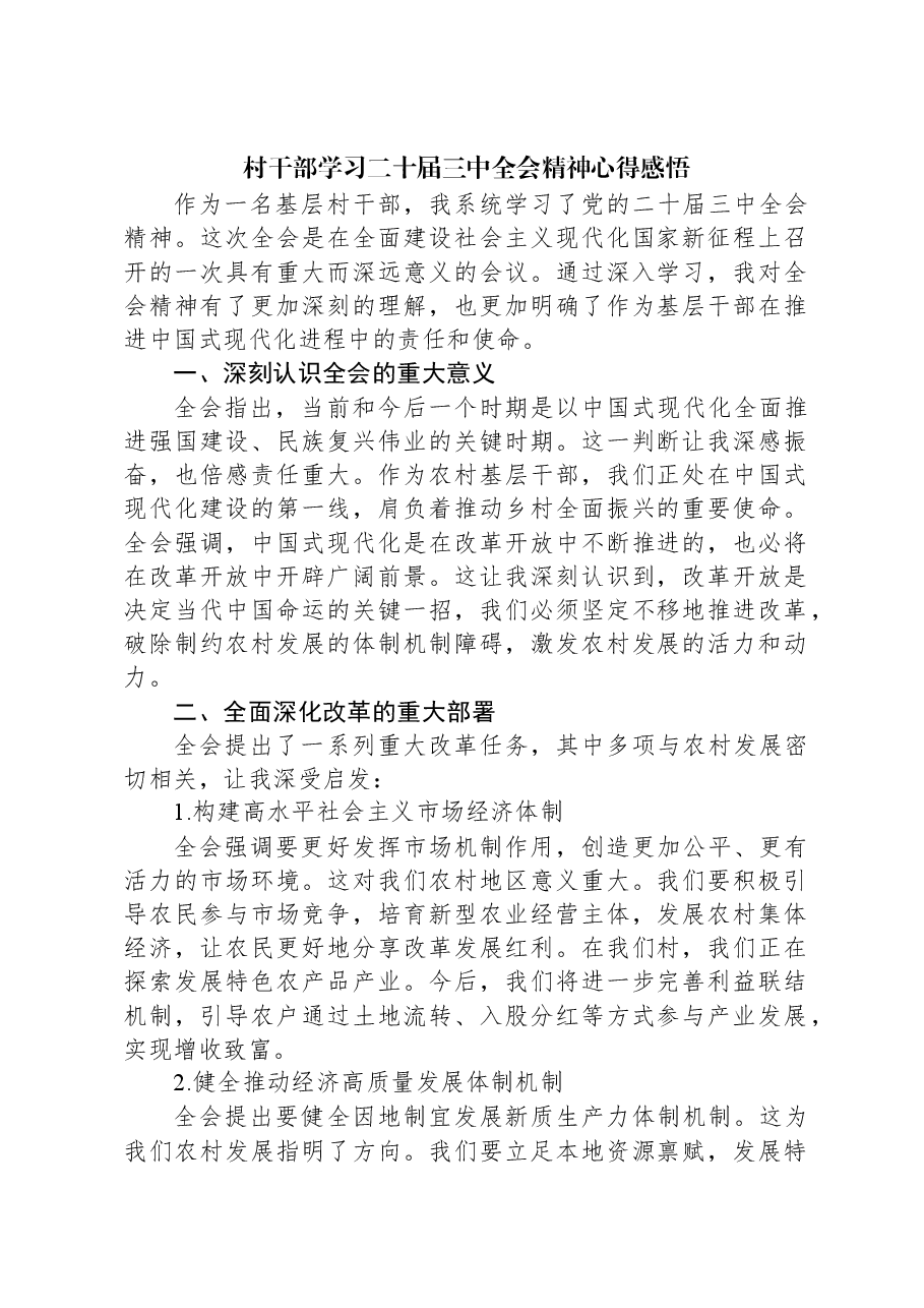 村干部学习二十届三中全会精神心得感悟.docx,第1页预览