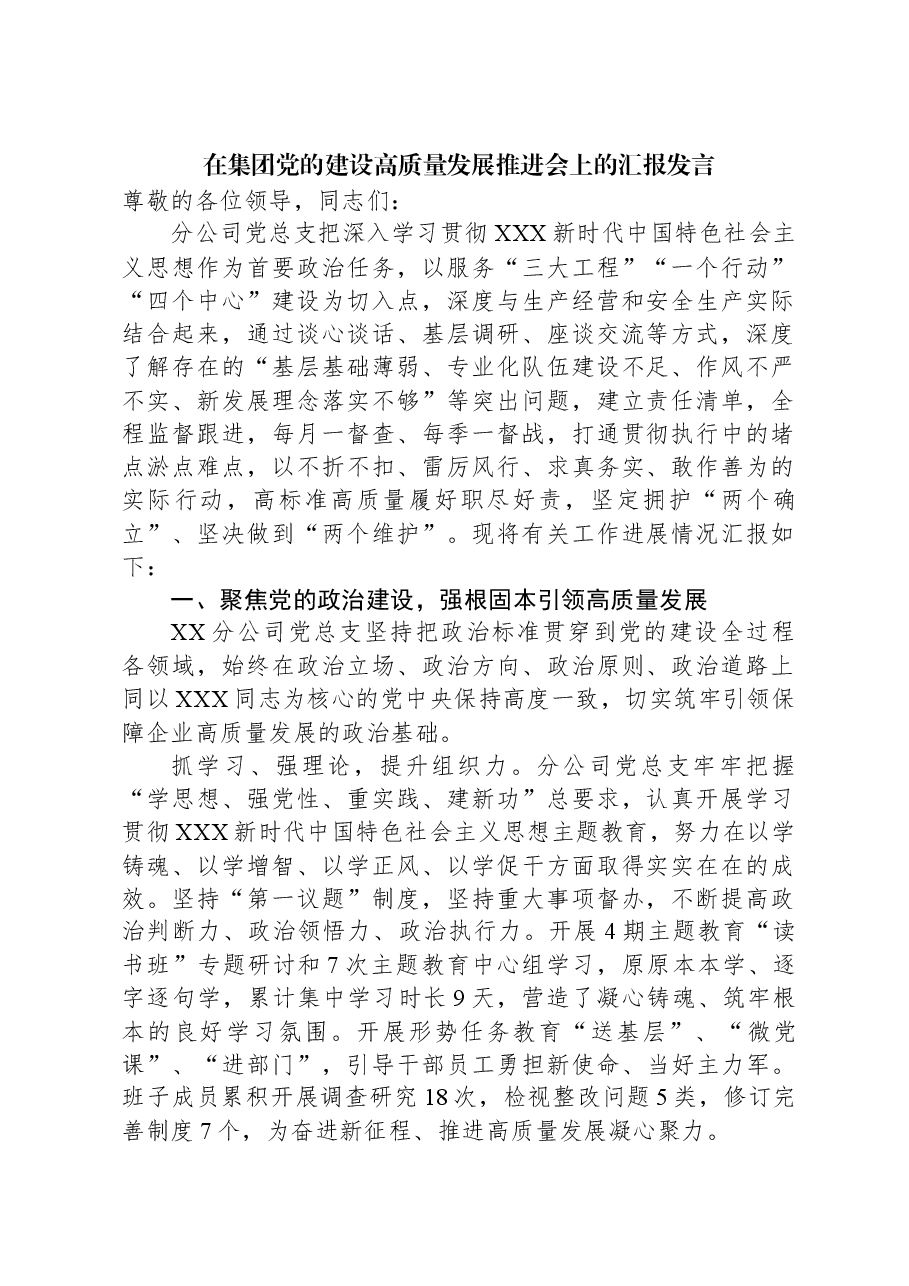 在集团党的建设高质量发展推进会上的汇报发言.docx,第1页预览