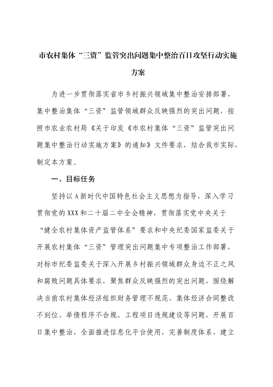 市农村集体“三资”监管突出问题集中整治百日攻坚行动实施方案.docx,第1页预览