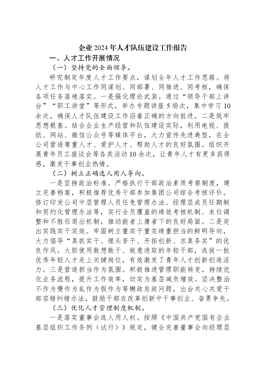 企业2024年人才队伍建设工作报告.docx,第1页预览