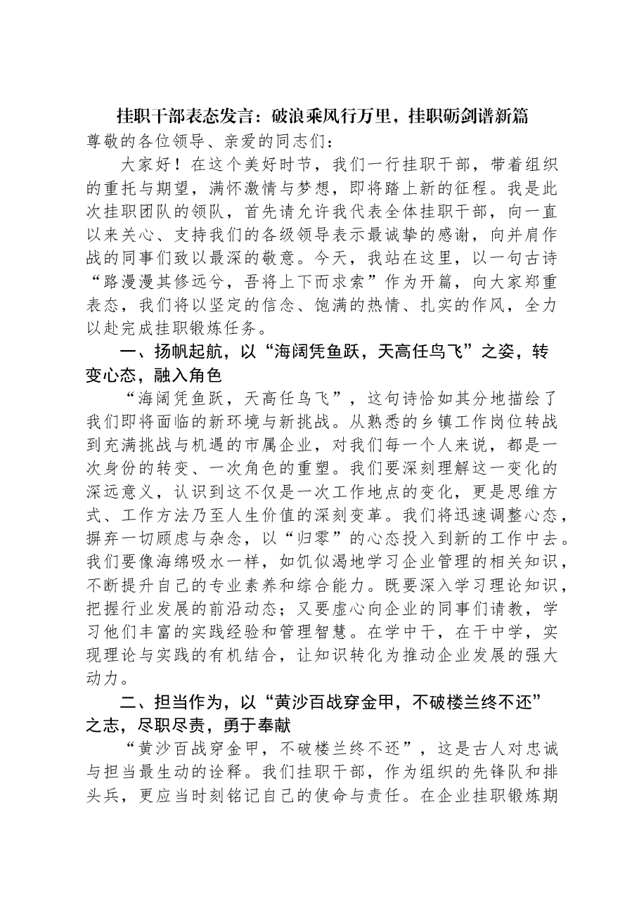 挂职干部表态发言:破浪乘风行万里,挂职砺剑谱新篇.docx,第1页预览