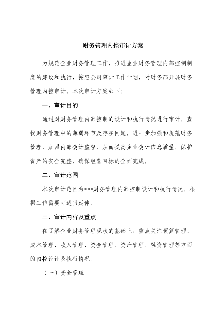 公司财务管理内控审计方案.docx,第1页预览