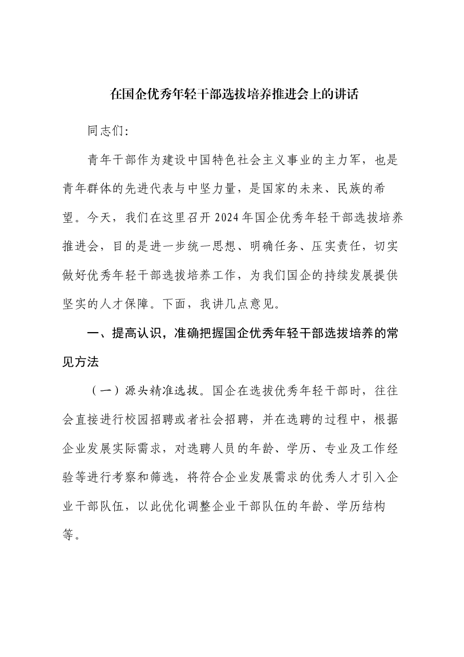在国企优秀年轻干部选拔培养推进会上的讲话.docx,第1页预览