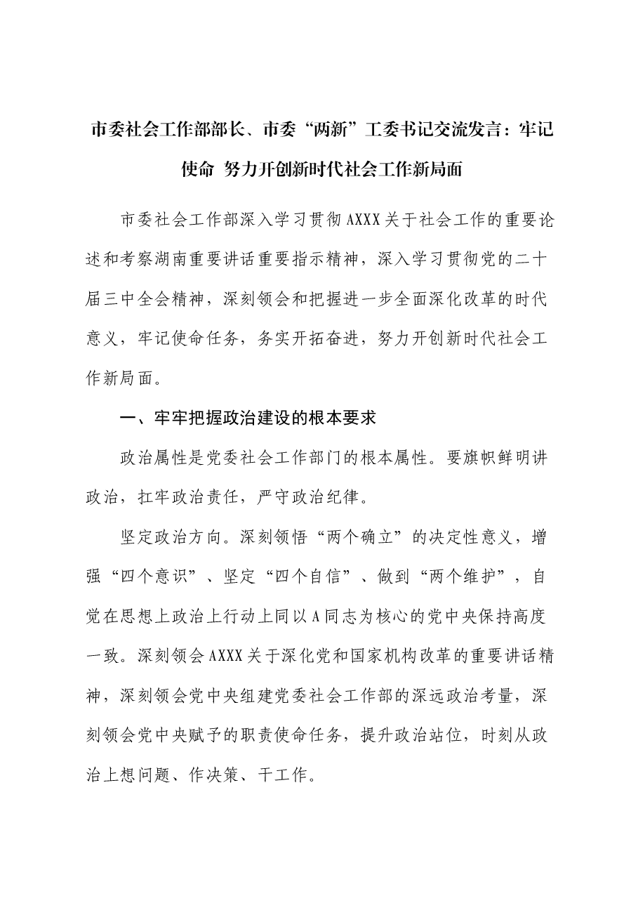 市委社会工作部部长、市委“两新”工委书记交流发言:牢记使命 努力开创新时代社会工作新局面.docx,第1页预览
