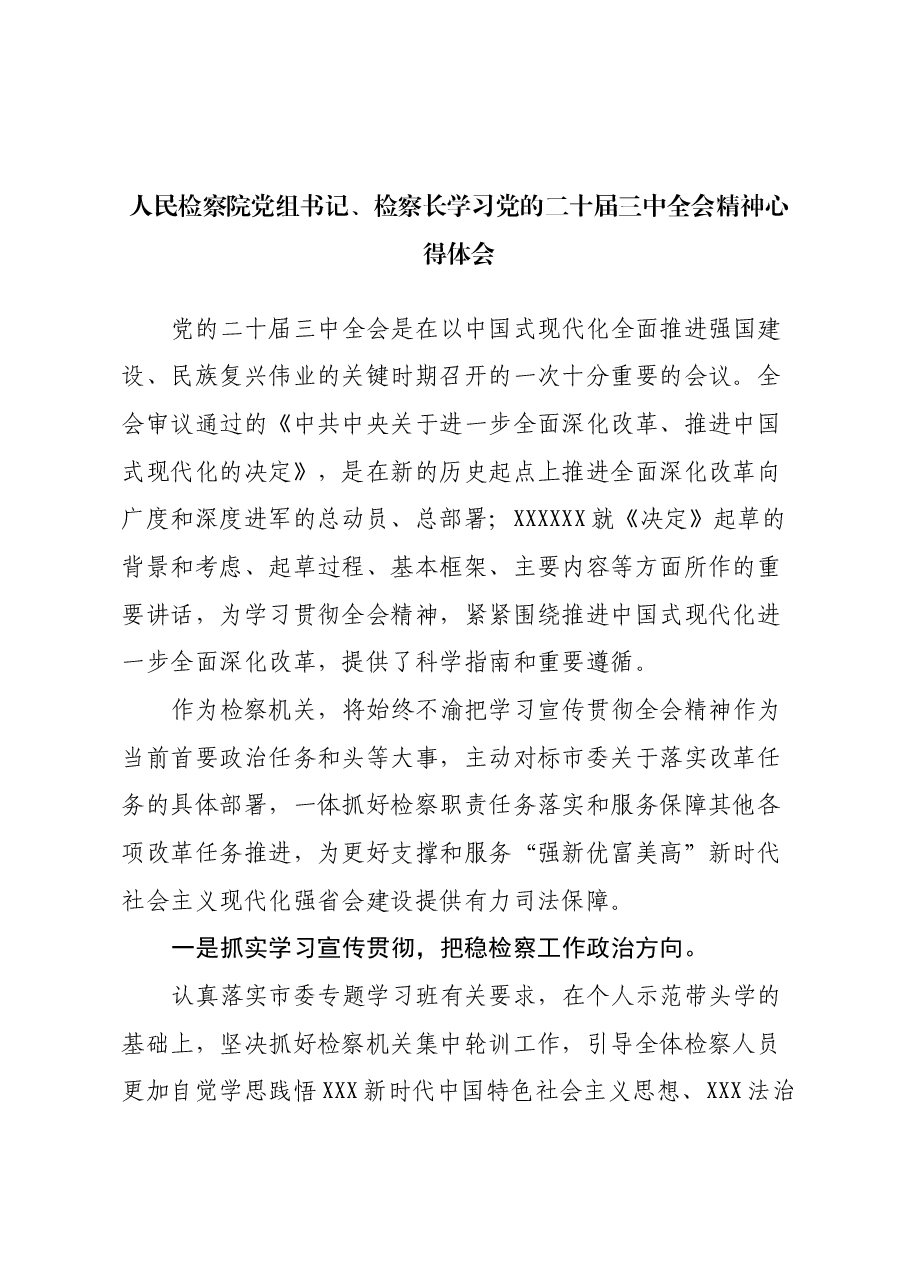 人民检察院党组书记、检察长学习党的二十届三中全会精神心得体会.docx,第1页预览