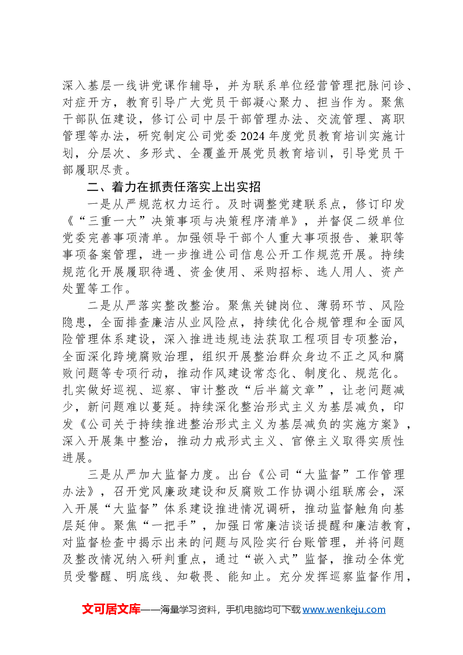 公司党委2024年上半年落实全面从严治党主体责任情况工作汇报.docx,第2页预览