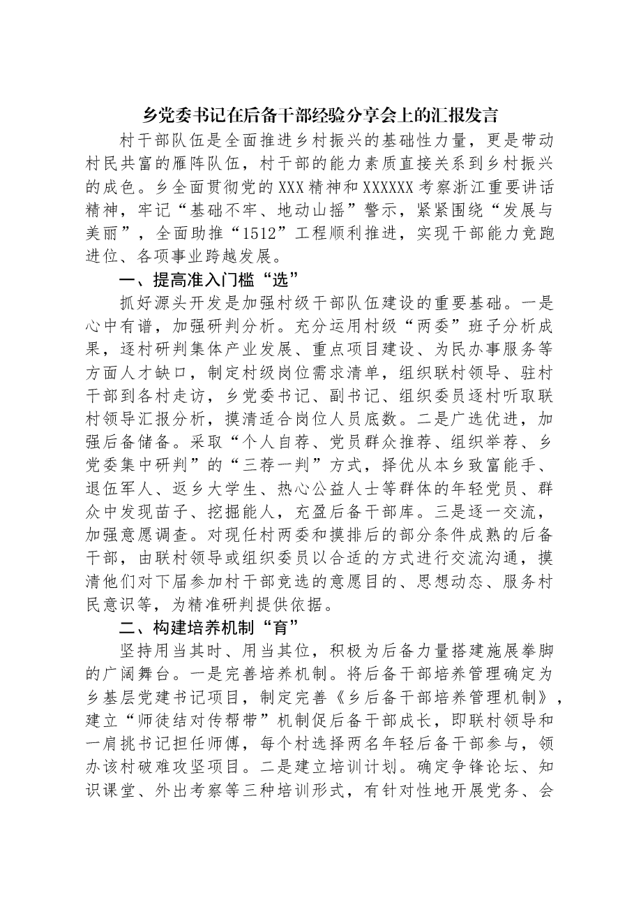 乡党委书记在后备干部经验分享会上的汇报发言.docx,第1页预览