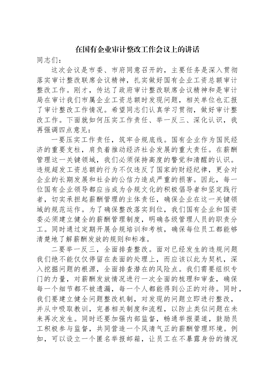 在国有企业审计整改工作会议上的讲话.docx,第1页预览
