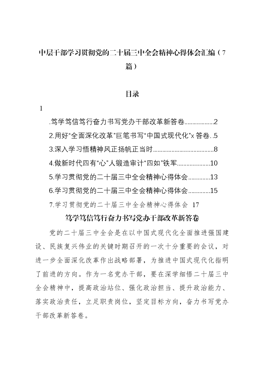 (7篇)中层干部学习贯彻党的二十届三中全会精神心得体会汇编.docx,第1页预览