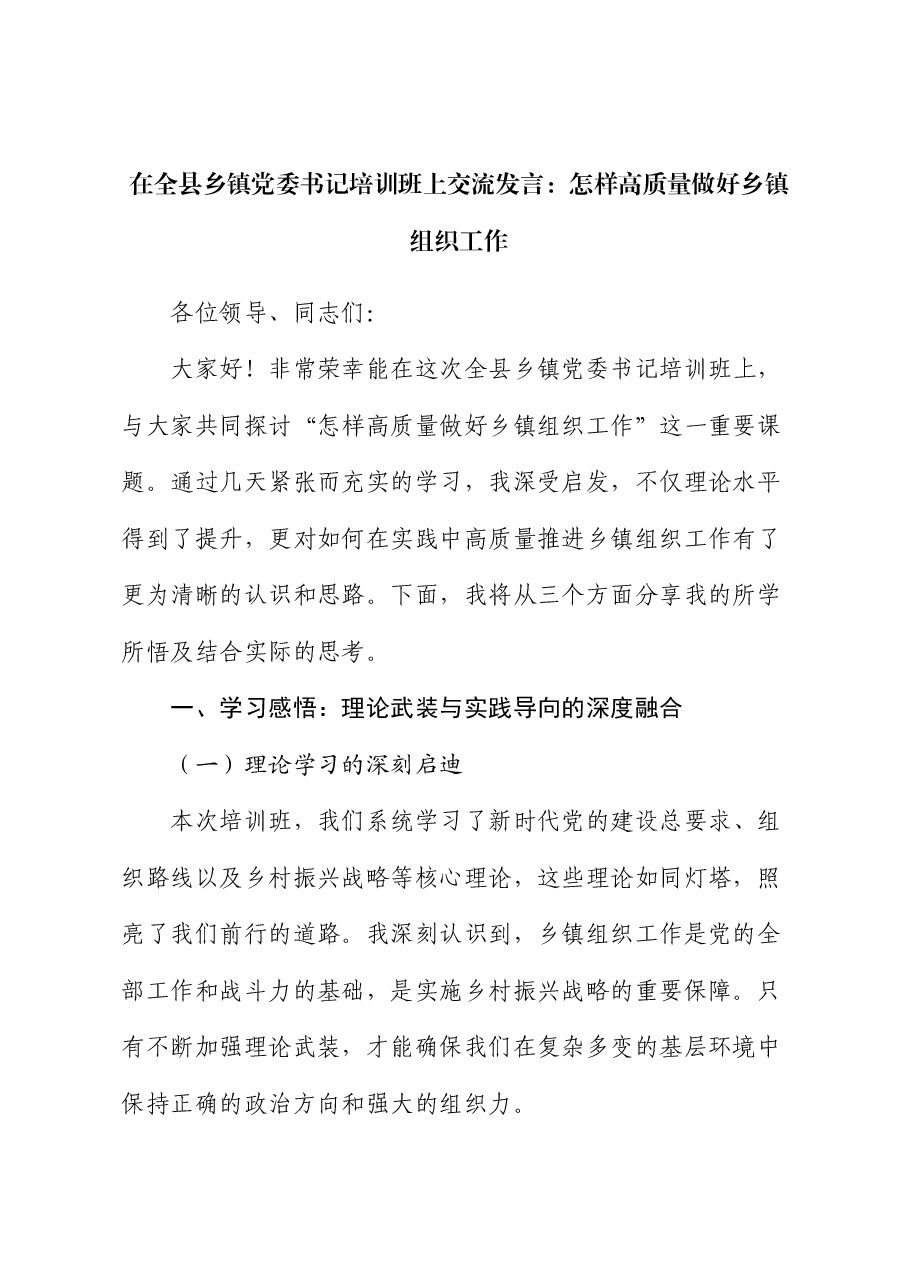在全县乡镇党委书记培训班上交流发言:怎样高质量做好乡镇组织工作.docx,第1页预览