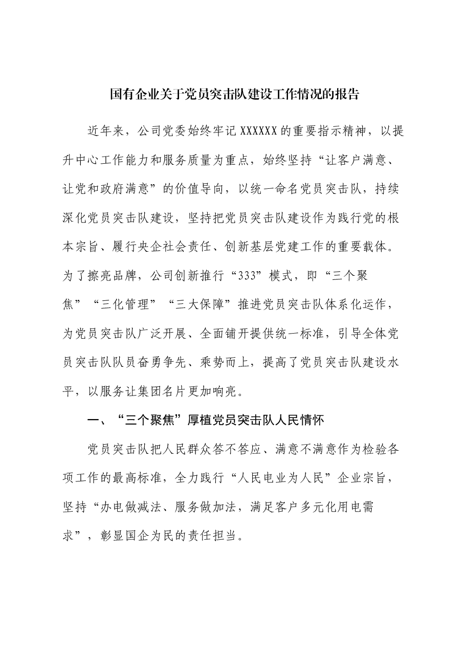 国有企业关于党员突击队建设工作情况的报告.docx,第1页预览
