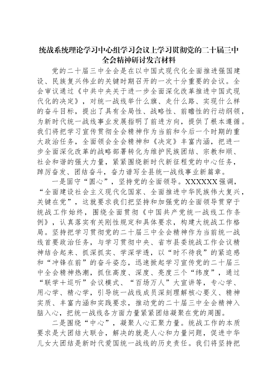 统战系统理论学习中心组学习会议上学习贯彻党的二十届三中全会精神研讨发言材料.docx,第1页预览