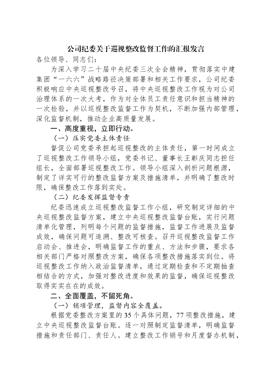 公司纪委关于巡视整改监督工作的汇报发言.docx,第1页预览