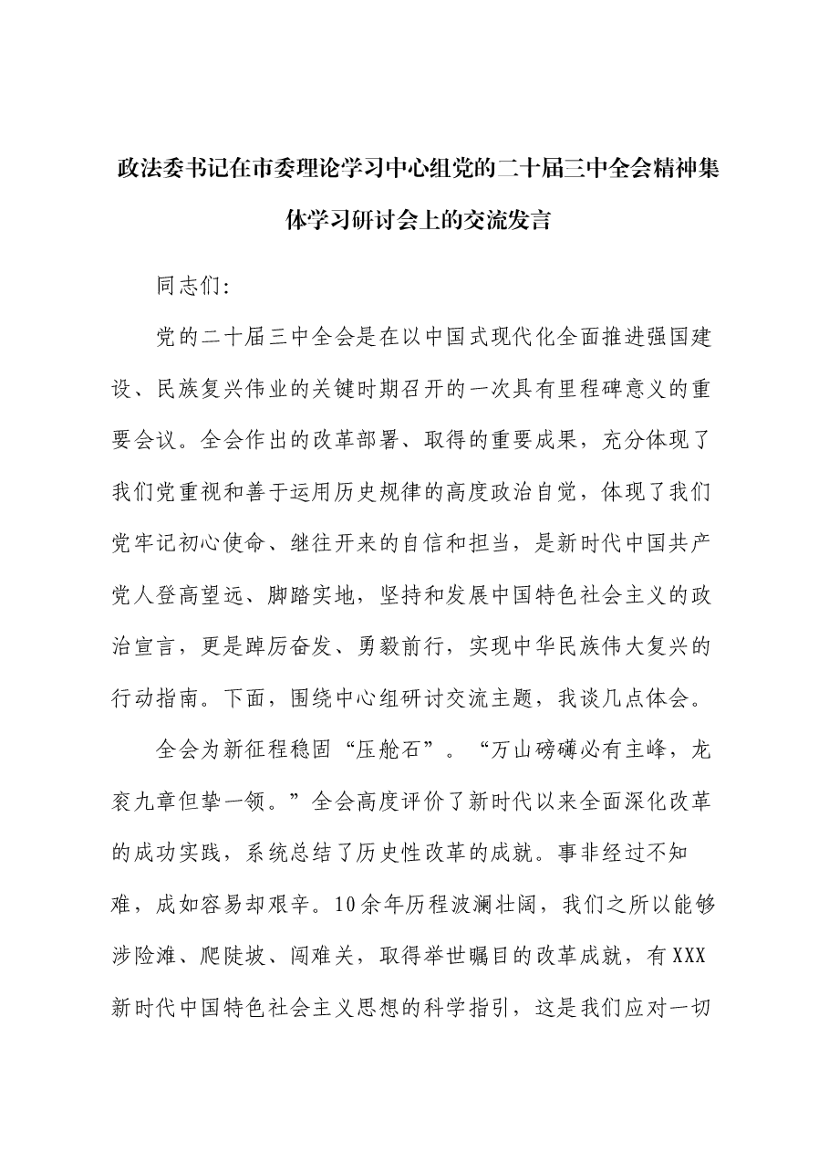政法委书记在市委理论学习中心组党的二十届三中全会精神集体学习研讨会上的交流发言.docx,第1页预览